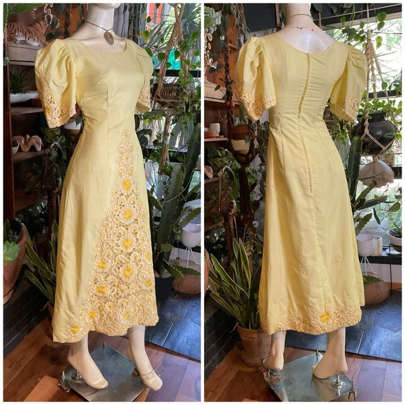 Vintage Embroidered Yellow Flowers Maxi Dress - Picture 2 of 10